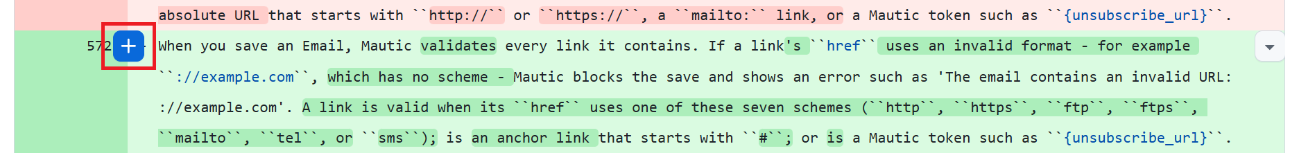 Plus button that appears on hover to add a review comment on GitHub.