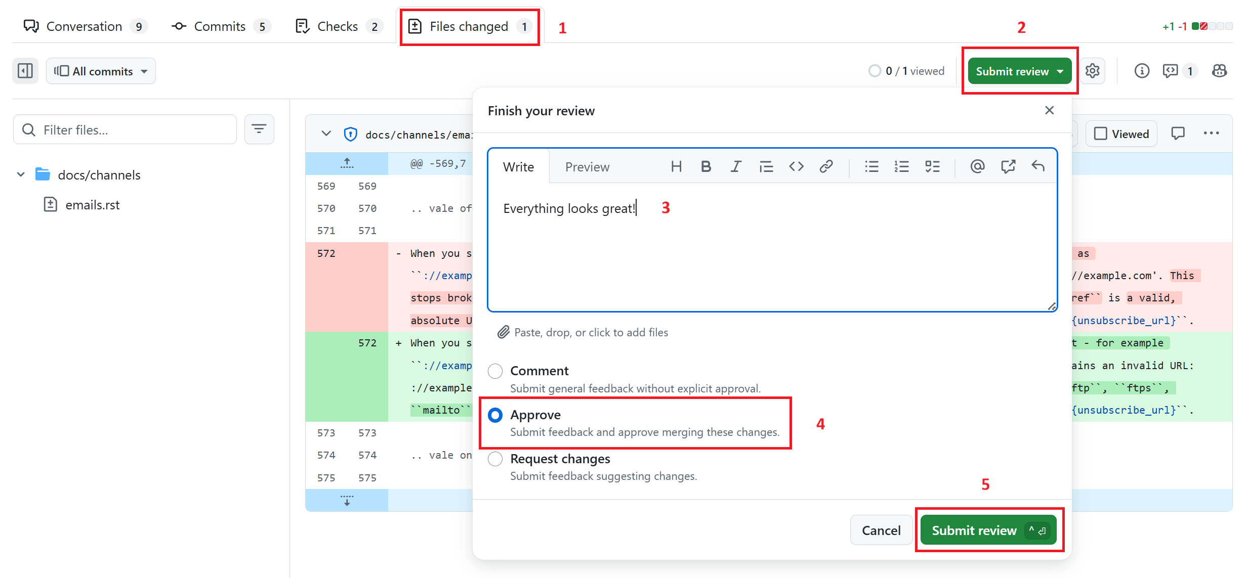 Submit review dialog opens in the Files changed tab, highlighting Approve selection and Submit review button on GitHub.