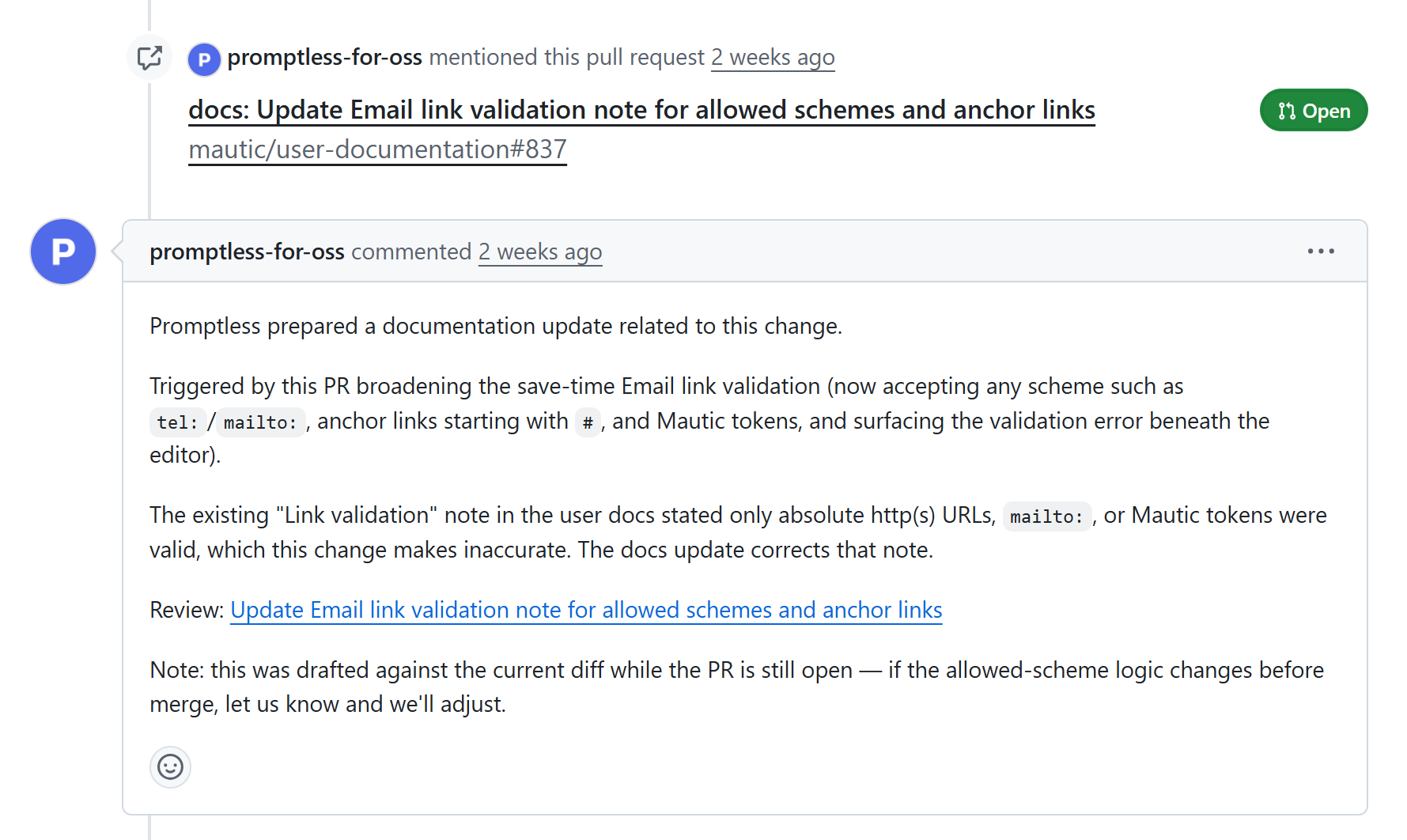 A Mautic code PR on GitHub showing a cross-referenced PR and a comment from Promptless.