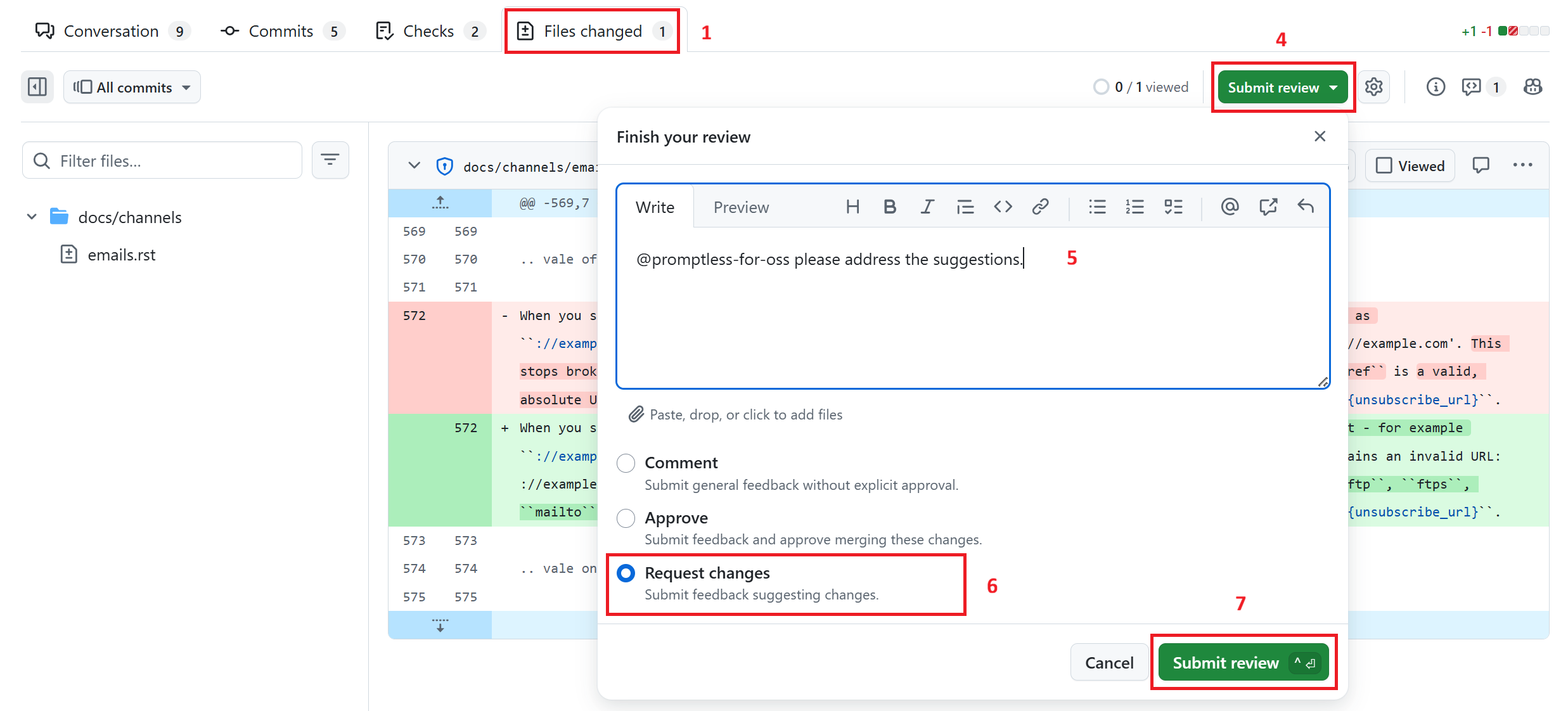 Submit review dialog opens in the Files changed tab, highlighting Request changes selection and Submit review button on GitHub.