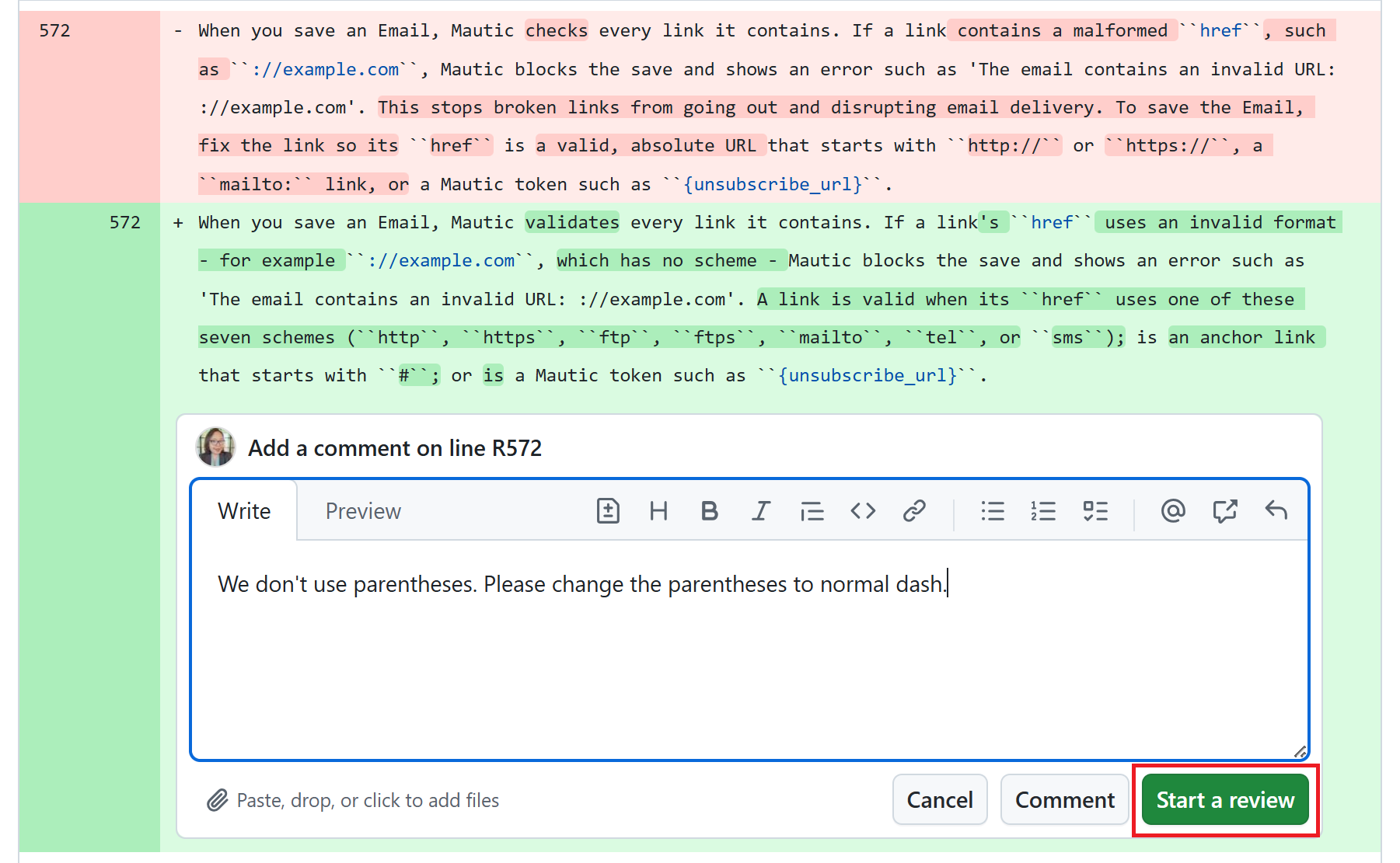 PR review dialog on GitHub, highlighting Start a review.